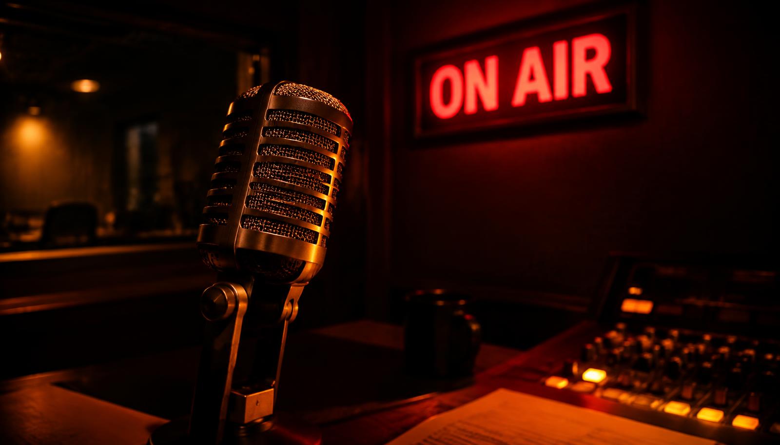 Στούντιο με φωτεινή πινακίδα ON AIR